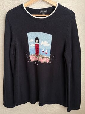 August Max Women's 100% Cotton Crewneck Sweater Size 3 Black Lighthouse Flowers